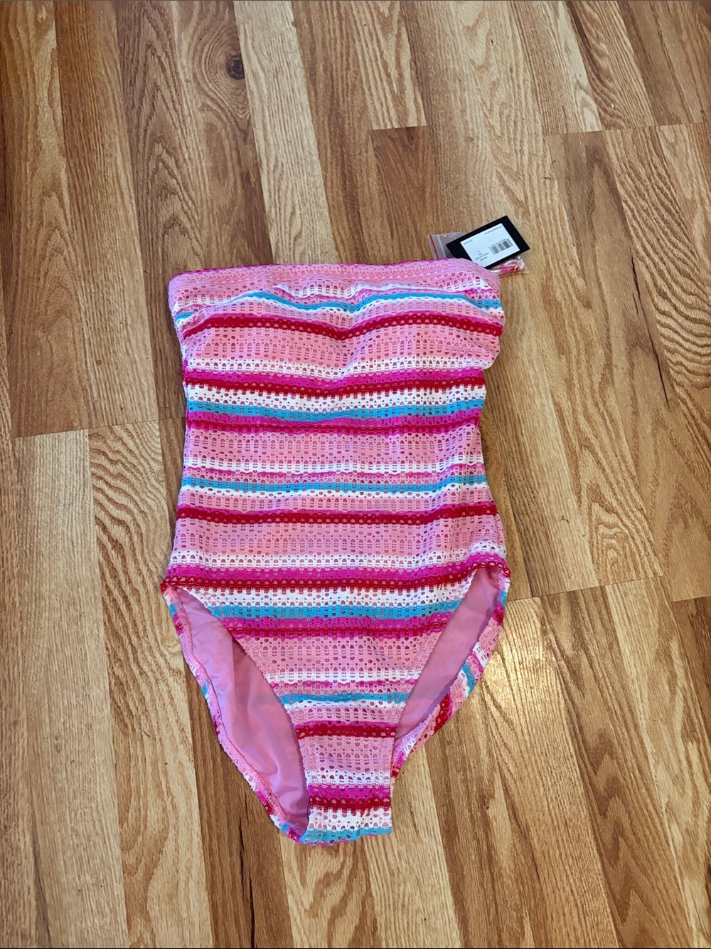 Kate Spade Women’s Small Bandeau Stripe Eyelet Begonia Swimsuit 1-Piece NWT Pink